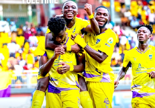 Medeama players celebrating with Salim Adams (left) after scoring his second goal to secure a decisive home win