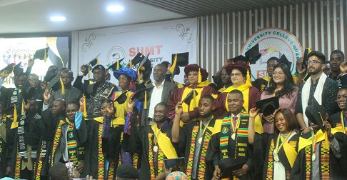 Prof. Augustine Ocloo (arrowed), Deputy Director-General, GTEC, with other dignitaries and some graduates at the 3rd SIIMT University College graduation ceremony. Picture: ESTHER ADJORKOR ADJEI