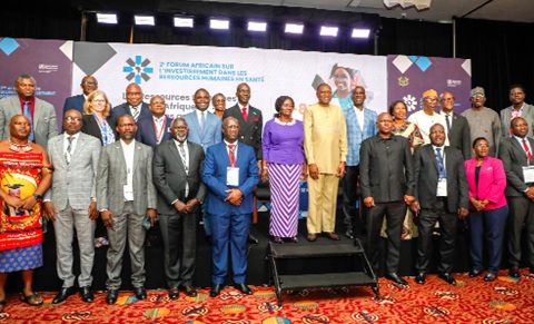 Prof Naana Jane Opoku-Agyemang (middle), Vice President of the Republic of Ghana with Kwabena Mintah Akandoh (5th left, from the back) Minister of Health; Prof Mohamed Yakub Janabi (6th left, from the back), WHO Regional Director for Africa and some dignitaries after the forum. Picture: ELVIS NII NOI DOWUONA 