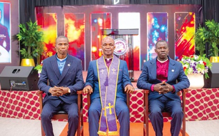 Seated from left to right: Rev. Prof. Joseph Tuffour, General Secretary;  Apostle. Samuel Teiko-Tagoe, General Superintendent and Apostle Sampson Ofori, International Missions Director