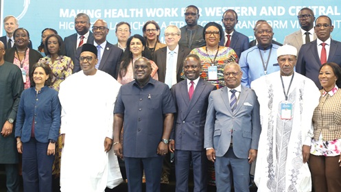 Julius Debrah (3rd from left), Chief of Staff; Kwabena Mintah Akandoh (middle), Minister of Health; Dr Grace Ayensu-Danquah (right), Deputy Health Minister, with some staff of the World Bank and participants from some African countries. Picture: BENEDICT OBUOBI