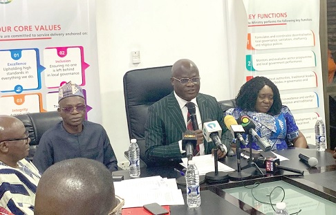 Ahmed Ibrahim (middle), Minister of Local Government, Chieftaincy and Religious Affairs, addressing the media. He is flanked by Rita Naa Odoley Sowah (right), his deputy, and Ali Adolf John Mburidiba, Northern Regional Minister