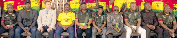  Seth Terkper (5th from right), flanked by Kofi Adams (3rd from right), Sports Minister; Azumah Nelson, boxing legend, and other dignitaries after the launch of the Ghana House initiative