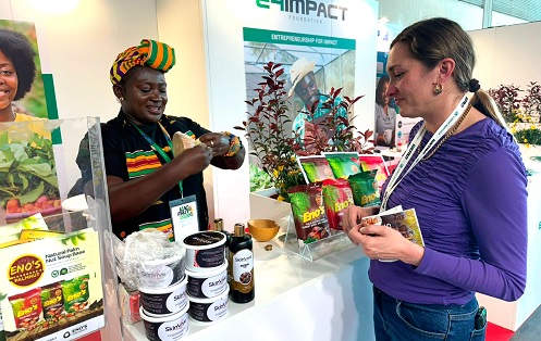 Esther Kyerewaa Twumasi (left), Founder of SkinVive, explaining the use of skinvive as a chemical-free skincare product to a client at the exhibition groundsEsther Kyerewaa Twumasi (left), Founder of SkinVive, explaining the use of skinvive as a chemical-free skincare product to a client at the exhibition grounds