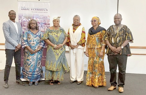 Emelia Arthur (3rd from right), Minister of Fisheries and Aquaculture, with officials of Blue Ventures and other invited guests at the stakeholders engagement
