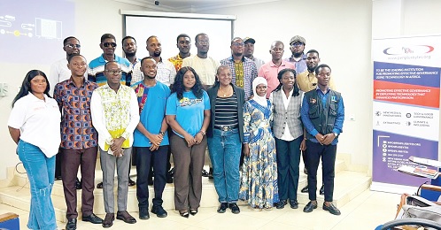 Prof. Gifty Appiah-Agyei (4th from left), HOD of Journalism and Media studies, Dr Belinda Osei-Mensah (2nd from left), a lecturer, and Dr Rainbow Sackey (2nd from right), fellow researcher at CCERPD, with participants after the training