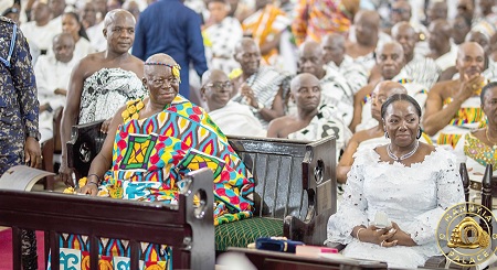 Otumfuo Osei Tutu II, the Asantehene, and Lady Julia, his wife, seated during the thanksgiving service