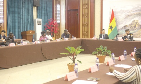 Cong Song (arrowed), Chinese Ambassador to Ghana, speaking to the participants in the press conference. Picture CALEB VANDERPUYE