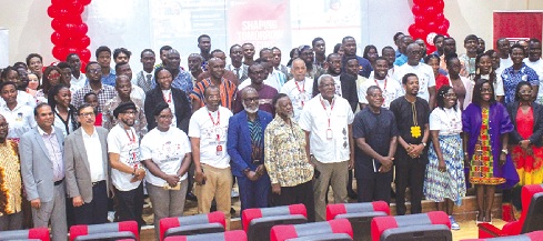 Prof. Fred McBagonluri (6th from right), President, Academic City, with Prof. Samuel Boakye Dampare (7th from left), Director - General, GAEC; Dr Kwame Boakye (7th from right), former Board Chairman, Engineering Council of Ghana; some dignitaries; students and other participants.