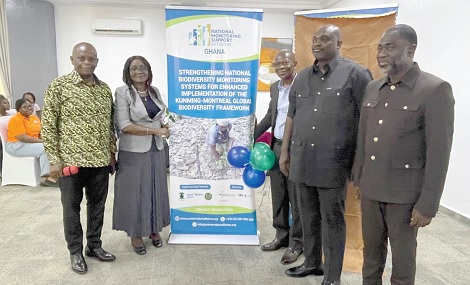 Suwerbatu Adam (2nd from left), Chief Director of MEST, launching the initiative at the event. With her are Dr Yaw Osei Owusu (3rd from right), Dr Peter Dery (2nd  from right), Professor Daniel Nukpezah (left