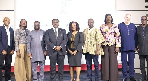 Samuel Nartey George (4th from left), Minister of communication, Digital Technology and Innovation, with Sylvia Owusu-Ankomah (3rd from right), CEO, Ghana Chamber of Telecommunications; Mavis Ampah (middle), Board Chair, NCA; Abed-Nego Bandim (4th from right), Chairperson, Information and Communications Select Committee; Stephen Blewett (2nd from right), CEO, MTN Ghana, and other officials at the launch. Picture: BENEDICT OBUOBI