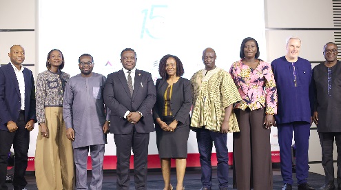 Samuel Nartey George (4th from left), Minister of Communication, Digital Technology and Innovations, with Sylvia Owusu-Ankomah (3rd from right), CEO, Ghana Chamber of Telecommunications, Mavis Ampah (middle), Board chair, NCA, Abed-Nego Bandim (4th from right), Chairperson, Information and Communications Select Committee, Stephen Blewett (2nd from right), Chairperson, Ghana Chamber of Communications, and some stakeholders after the 15th anniversary launch. Picture: BENEDICT OBUOBI