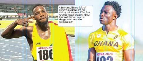  Emmanuel Esme (left) of Cameroun celebrating his victory in the men’s 100m final. Ghana’s medal prospect Abdul Rasheed Saminu wears a disappointed look after finishing sixth