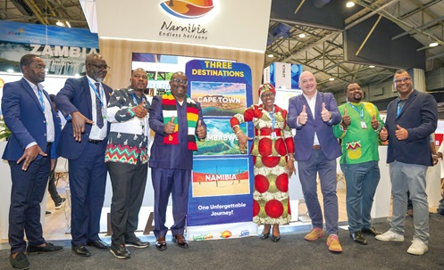 Indileni Daniel (4th from right), Minister of Tourism, Environment and Forestry, Namibia, and Tongai Mafidhi Mnangagwa (4th from left), Deputy Minister of Tourism and Hospitality Industry, Zimbabwe, flanked by officials from Cape Town, Zimbabwe and Namibia during the launch of the three destinations on the margins of Africa's Travel Indaba 2026