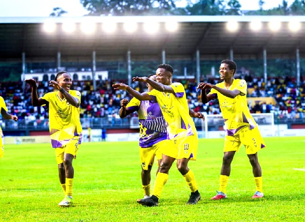 Players of Medeama SC celebrating one of their goals against Heart of Lions during yesterday’s game