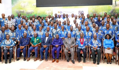Very Rev. Emmanuel Kobena Aryee (seated 4th from right), General Director of Ministries, Methodist Church of Ghana, with Very Rev. Joseph Maxwell Osei (seated 4th from left), President, Association of Methodist Men’s Fellowship Accra Diocese; Dr Ishmael Yamson (seated middle), Board Chairman of MTN Ghana, and some participants in the golden jubilee ceremony. Picture: ELVIS NII NOI DOWUONA 