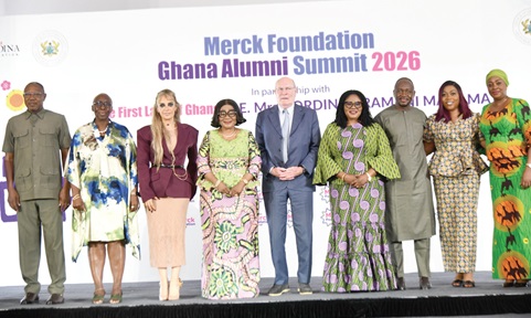 Lordina Mahama (4th from left), First Lady and President of the Lordina Foundation, flanked  by Senator Dr Rasha Kelej (3rd from left), CEO of Merck Foundation, and Professor Dr Frank Stangenberg Haverkamp (middle), Chairman of Merck Foundation. With them are other dignitaries