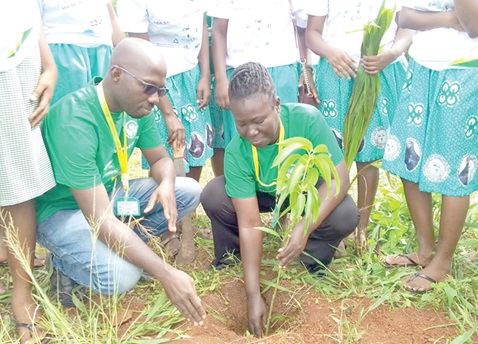 Lily Opoku Mensah (right), Corporate Social Responsibility  Sustainability Officer of ASA Savings and Loans Limited, planting mango seedling at the Ola Girls SHS