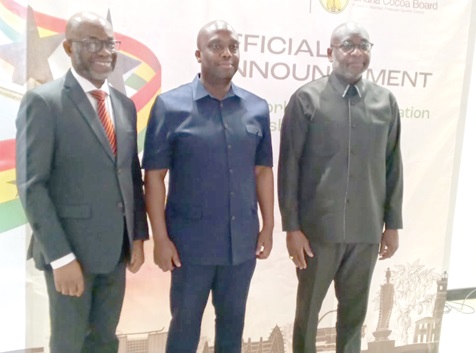 Dr Randy Abbey (right), CEO, COCOBOD, Thomas Nyarko Ampem (middle), Deputy Minister of Finance, and Dr Mawuli Coffie, Country Director, WCF, at the event