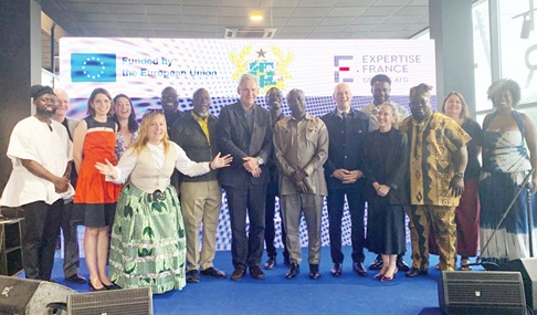 Rune Skinnebach (middle), EU Ambassador to Ghana; Edwige Sauzon-Bouit (2nd from left), Deputy Head of Territorial Attractiveness, Culture, Heritage and Sport Division at Expertise France Headquarters; Divine Owusu Ansah (5th from right), Director of Culture at the MTCCA, and Rafael Pont (4th from right), First Counsellor at the French Embassy in Ghana and other dignitaries at the launch of the Sankofa II Project