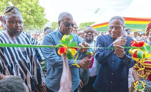 President John Dramani Mahama (2nd from left) cutting the tape to inaugurate the Yamoransa Model ICT Centre at Damongo