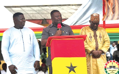 Dr Frank Amoakohene, Ashanti Regional Minister, addressing the gathering. With him is Yakubu Issifu (left), MCE for Asante Mampong,  and Rafiu Adam Seidu (right), MCE for Ejura Sekyedumase 