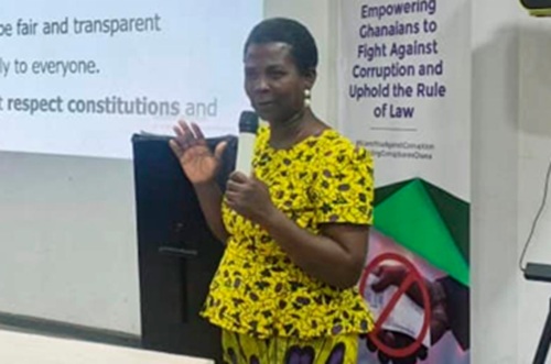 Mercy Essien (inset), Central Regional Director, NCCE, addressing the students at the forum