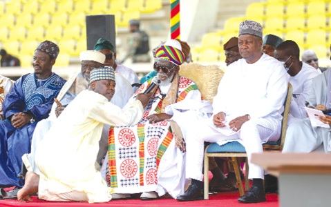 Sheikh Osman Nuhu Sharubutu (middle), National Chief Imam, praying for the nation during the Eid-ul-Adha celebration at the Black Star Square in Accra. With him is President John Dramani Mahama. Picture: ELVIS NII NOI DOWUONA