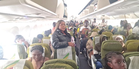 A section of the first batch of 300 evacuees who arrived at the Accra International Airport yesterday on board the Ethiopian Airlines flight A section of the first batch of 300 evacuees who arrived at the Accra International Airport yesterday on board the Ethiopian Airlines flight