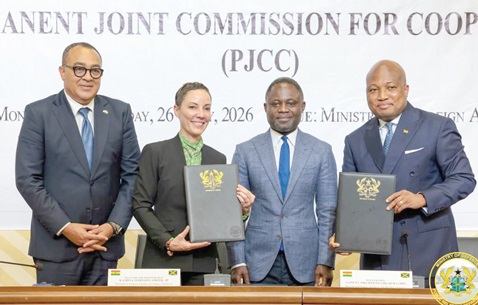 Samuel Okudzeto Ablakwa (right), Minister of Foreign Affairs, and Kamina Johnson Smith (2nd from left), Jamaican Foreign Affairs Minister, displaying the signed memorandum of understanding. With them are Kwabena Mintah Akandoh (2nd from right), Minister of Health, and Dr Christopher Tufton (left), Jamaican Health and Wellness Minister