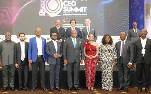  President John Dramani Mahama (middle), with Ernest De-Graft Egyir (4th from left), Founder of the Ghana CEO Summit; Elizabeth Ofosu-Adjare (3rd from right), Minister of Trade, Agribusiness and Industry; Anthony Kwasi Sarpong (left), Commissioner- General, Ghana Revenue Authority, and some dignitaries at the Ghana CEO Summit and Expo in Accra. Picture: ELVIS NII NOI DOWUONA 