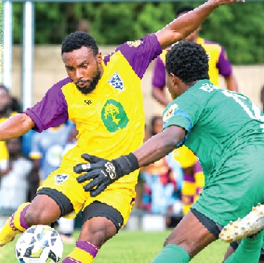 Medeama’s lone-goal hero, Nana Kofi Babil, striking towards goal during yesterday’s game