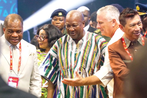 President John Dramani Mahama (middle) interacting with Rev. Stephen Wengam (left), General Superintendent of Assemblies of God Ghana, and Rev. Doug Clay (2nd from right), Global Vice-Chairman, World Assemblies of God Fellowship, during the event. With them are Rev. Dominic Yeo (right), Chairman, World Assemblies of God Fellowship, and Lordina Mahama (2nd from left), the First Lady. Picture: ELVIS NII NOI DOWUONA