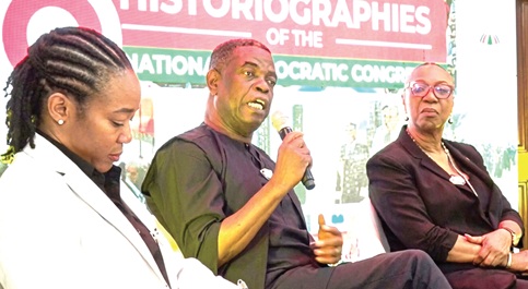 Kwesi Pratt Jnr (middle), veteran journalist, in a panel discussion with Dr Zanetor Agyeman-Rawlings (left), Minister of Environment, Science and Technology, and Betty Mould-Iddrisu (right), former Minister of Education. Picture: ERNEST KODZI
