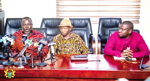 Rev. Kwaku Karikari Amoah (left), President, GAUA, addressing the press with Stanley Abopaam (middle), President, TUSAAG Rev. Kwaku Karikari Amoah (left), President, GAUA, addressing the press with Stanley Abopaam (middle), President, TUSAAG