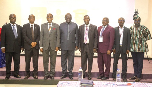 Rt Rev. Dr Samuel Nii Nmai Olenu (3rd from left), former National Head of WAEC, with Sam Jonah (4th from left), Chancellor of UCC, William Baah-Boateng (4th from right), Vice chancellor of Methodist University Ghana, and other officials after the event. Picture: CALEB VANDERPUYE