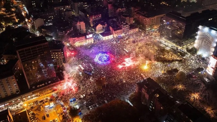 An aerial photo shows the size of the celebrations by Students' List supporters at Slavija square in Belgrade