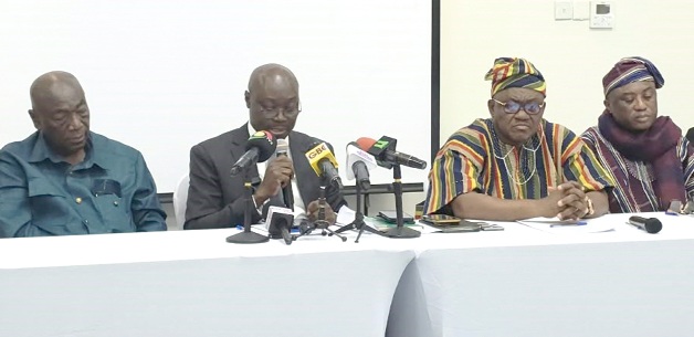 Dr Cassiel Ato Forson (2nd from left), Minister of Finance, speaking at the signing of the agreement between government and Organised Labour. Those with him are Dr George Smith-Graham (3rd from right), Chief Executive Officer, FWSC; Joshua Ansah (left), Secretary General, TUC and Thomas Musah (2nd from right), General Secretary, GNAT