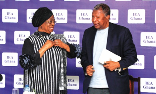 Justice Sophia Akuffo (left), former Chief Justice of Ghana, interacting with Dr Charles Mensa (right), Board Chairman, Institute of Economic Affairs, after the media engagement. Picture: ELVIS NII NOI DOWUONA 