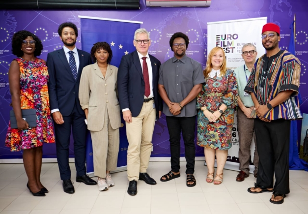 Rune Skinnebach (4th from left), EU Ambassador to Ghana, with James Timothy Gardiner (right), Deputy Executive Secretary of the National Film Authority, Esiawonam Adisenu (3rd from left), Director of EUFF, and others after the launch