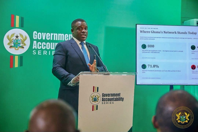 Samuel Nartey George, Minister of Communication, Digital Technology and Innovations, speaking during the Government Accountability Series 