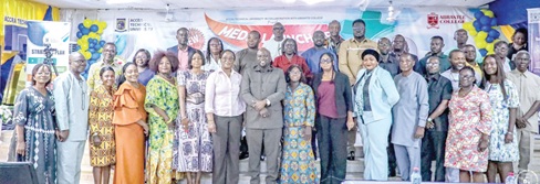 Prof. Amevi Acakpovi (8th from left), Vice- Chancellor, ATU,  Rejoice Danquah (7th from left), Director, TVET, Winnifred Dake (7th from right), Sector Secretary, Beauty and Wellness Sector Skills Body, and others at the launch