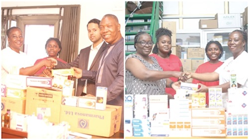 David Kafui Klutse (right), Chief Operation Officer, Pharmanova Limited, with Atal Tripathi (2nd from right), Manager, Pharmanova, presenting the drugs to Yvonne Dasoberi (left), Assistant Corporate Communications Officer, GCGL, Esther Agarko (left), General Manager, Pharmacy Services, Danpong Healthcare Limited, presenting donated drugs to Yvonne Dasoberi (right), Assistant Corporate Communications Officer, GCGL. Pictures: BENEDICT OBUOBI