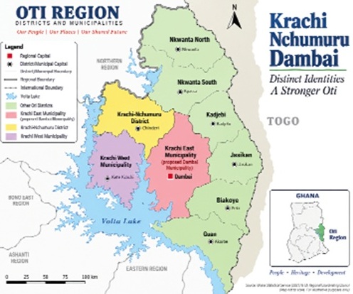 Oti Region: Krachi East, Krachi-Nchumuru and Krachi West, with Dambai as the regional capital