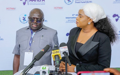 Dr John Machayi (left), President and CEO, Association of African Higher Education Financing Agency, and Dr Saajida Shiraz (right), CEO, Student Loan Trust Fund, explaining a point to the press. Picture: ELVIS NII NOI DOWUONA