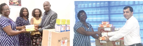 Clement Atagra (right), Marketing &amp; Corporate Communications Manager, assisted by Priscilla Larteh (2nd from right), Deborah Obeng Amoakoh (3rd from right), all of Ernest Chemists Limited, presenting the drugs to Yvonne Dasoberi (left), Assistant Corporate Communications Officer, GCGL. Pictures: ESTHER ADJORKOR ADJEI, Mitesh N. Varia (right), Director of M &amp; G Pharmaceuticals Ltd, handing over the drugs to Yvonne Dasoberi, Assistant Corporate Communications Officer at GCGL