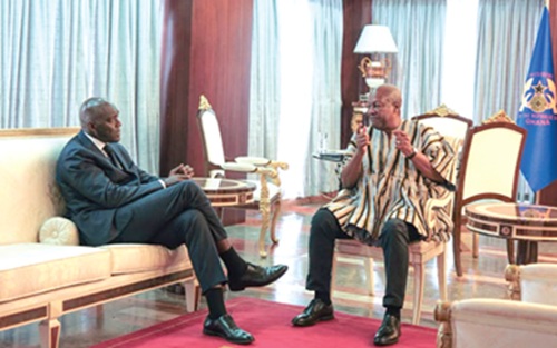 Makhtar Diop (left), Managing Director of the International Finance Corporation, in a conversation with President John Dramani Mahama 