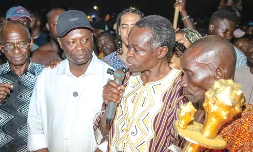 Prof. PLO Lumumna (2nd from right) making a remark at the ceremony. Those with him are Johnson Asiedu Nketia (left), National Chairman of the NDC;  Emmanuel Armah-Kofi Buah (2nd from left), Minister of Lands and Natural Resources, and other dignitaries