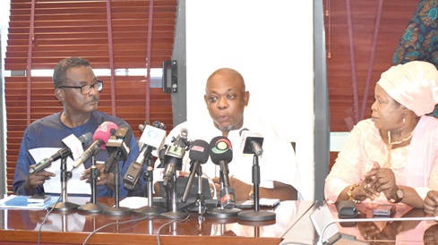James Agalga (middle), Majority Leader, addressing the press