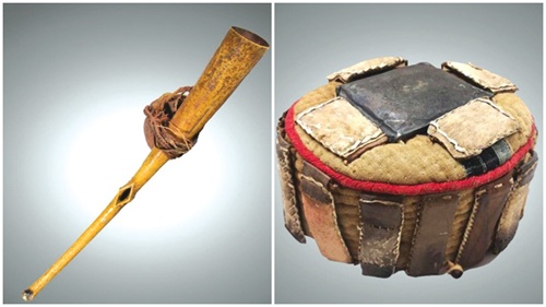 Ivory trumpet with attached skull fragment (produced before 1896). It is being held by Fowler Museum, UCLA, A Dagbon warrior’s headgear which was looted on Adigbo battlefield by colonial German soldiers
